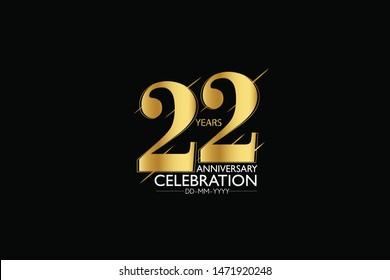 22 year minimalist logo years, jubilee, greeting card. Birthday invitation. Sign Gold space vector illustration on black background - Vector