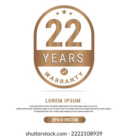 22 Year warranty vector art illustration in gold color with fantastic font and white background. Eps10 Vector