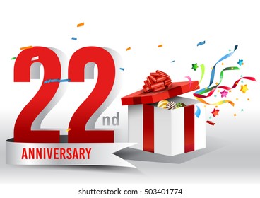 22 years anniversary background with ribbon, confetti and gift on white. Poster or brochure template. Vector illustration.