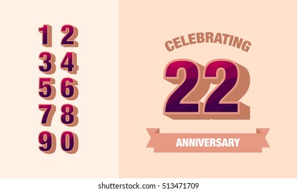 22 Years Anniversary Card or Banner Design using Retro Style, Vector Illustration  with Set of Numbers