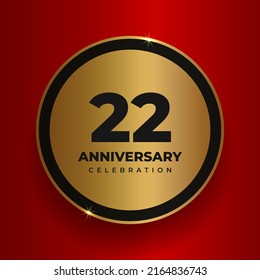 22 years anniversary celebration background. Celebrating 22nd anniversary event party poster template. Vector golden circle with numbers and text on red square background. Vector illustration