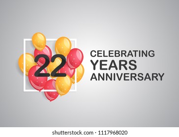 22 years anniversary celebration with balloons inside white square isolated on grey background 