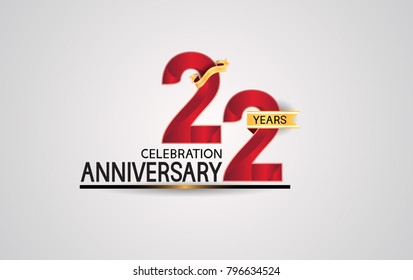 22 years anniversary celebration design with elegance red color and golden ribbon isolated on white background for celebration event