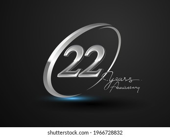 22 Years Anniversary Celebration. Anniversary logo with ring and elegance silver color isolated on black background, vector design for celebration, invitation card, and greeting card