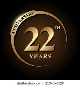 22 years anniversary celebration. Anniversary logo with ring and elegance golden color isolated on black background, vector design for celebration, invitation card, greeting card, and banner