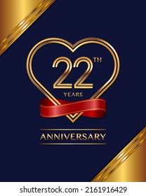 22 years anniversary celebration logotype with gold color and ribbon for booklet, leaflet, magazine, brochure poster, banner, web, invitation or greeting card. Vector illustrations.