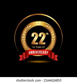 22 years anniversary celebration logotype with golden laurel and wreath, for booklet, leaflet, magazine, brochure poster, banner, web, invitation or greeting card. Vector illustrations.