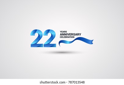 22 Years Anniversary celebration logotype colored with shiny blue, using ribbon and isolated on white background