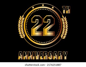 22 years anniversary. Gold vector with rings for 22 years anniversary celebration on black background.