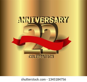 22 years Anniversary golden font with golden background and red ribbon. Red ribbon on top golden font number. Font with shadow in the behind text. simple and elegant design