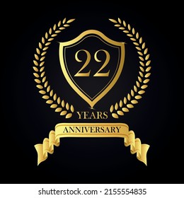 22 years anniversary golden laurel wreath, Anniversary label set, Vector set of anniversary golden signs logo, 22 anniversary luxury design template vector