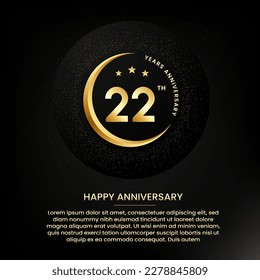 22 years anniversary with a half moon, stars, glitter and editable speech text. Golden half moon anniversary banner template with a golden number