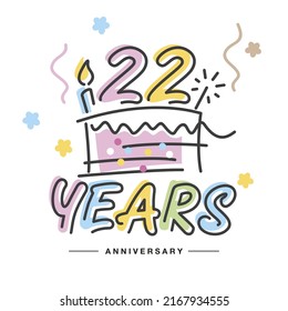 22 Years Anniversary handwritten typography lettering Greeting card with colorful big cake, sparkle firework, number, candle and confetti