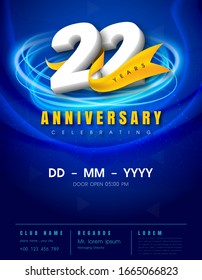 22 years anniversary invitation card - celebration template design , 22nd anniversary modern design elements, dark blue background - vector illustration