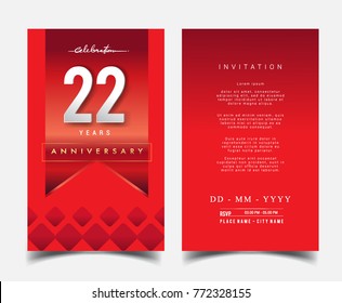 22 Years Anniversary Invitation/Greeting Card with Flat Design and Elegant, Isolated on Red Background. Vector illustration.