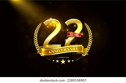 22 Years Anniversary in laurel wreath Gold Ribbon vector illustration