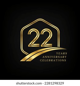 22 years anniversary. Lined gold hexagon and curving anniversary template.