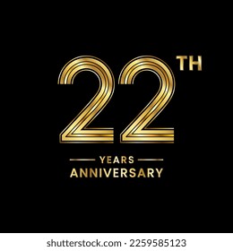 22 years anniversary logo design with golden numbers and text for anniversary celebration event, invitation, wedding, marriage, greeting card, banner, poster, flyer, brochure. Logo Vector Template