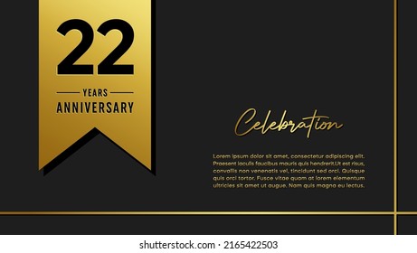 22 years anniversary logo with golden ribbon for booklet, leaflet, magazine, brochure poster, banner, web, invitation or greeting card. Vector illustrations.