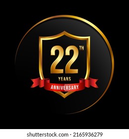 22  years anniversary logo with golden shield and ribbon for booklet, leaflet, magazine, brochure poster, banner, web, invitation or greeting card. Vector illustrations.