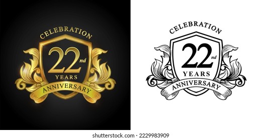22 years anniversary logo with golden shield and ribbon for booklet, leaflet, magazine, brochure poster, banner, web, invitation or greeting card. Vector illustrations.