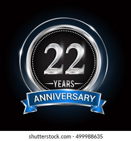 22 years anniversary logo. with silver ring and blue ribbon, Vector design.