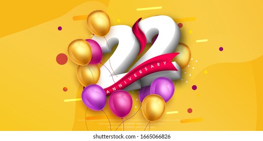 22 years anniversary logo template design on yellow background and balloons. 22nd anniversary celebration background with red ribbon and balloons. Party poster, brochure template. Vector illustration.