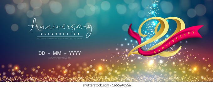 22 years anniversary logo template on gold and blue background. 22nd celebrating golden numbers with red ribbon vector and confetti isolated design elements