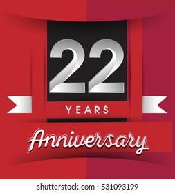 22 years anniversary logo with white ribbon isolated on red background, flat design style, Vector template elements for birthday celebration