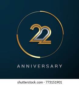 22 Years Anniversary Logotype with  Gold and Silver Multi Linear Number in a Golden Circle , Isolated on Dark Background