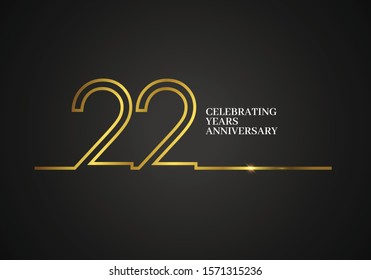 22 Years Anniversary logotype with golden colored font numbers made of one connected line, isolated on black background for company celebration event, birthday - Vector