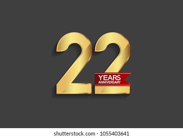 22 years anniversary simple design with golden color and red ribbon isolated on black background for celebration event