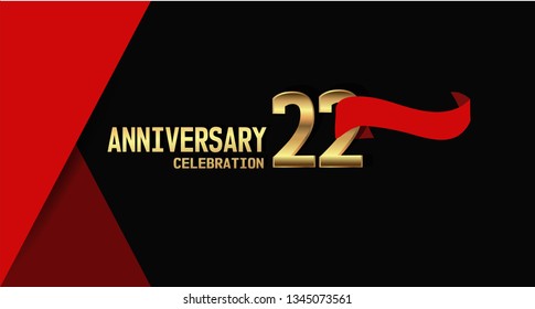 22 years Anniversary simple design with golden font and red ribbon, black and red background. elegant and simple design