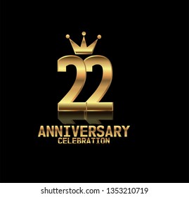 22 years anniversary simple design with golden font and crown with reflection golden number. Elegant, simple, and luxury design. Design with shadow or reflection under number