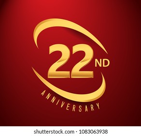 22 years anniversary with swoosh design golden color isolated on red background for anniversary celebration