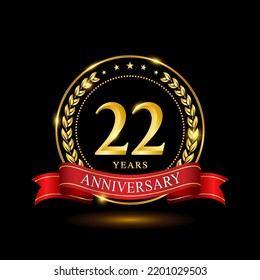 22 Years Anniversary template design, with shiny ring and red ribbon, laurel wreath isolated on black background, logo vector