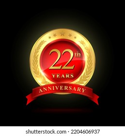 22 Years Anniversary template design, with shiny ring and red ribbon, laurel wreath isolated on black background, logo vector