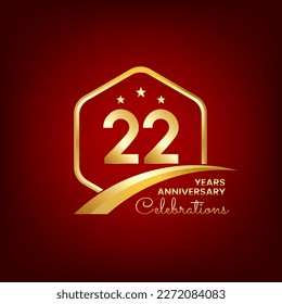 22 years anniversary. Anniversary template design inside of gold hexagon and curve with red background, design for event, invitation card, greeting card, banner, poster, flyer, book cover and print.