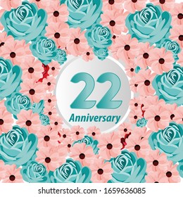 22 Years anniversary. Vector design greeting card with decorative floral for celebration