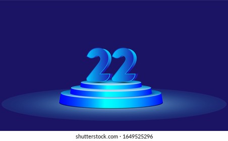 22 Jahre Jubiläum Vektorillustration Template Design Illustration. Blaue 3D-Zahlen mit Podium-Bühne zum Feiern