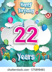 22 Years Birthday Design for greeting cards and poster, with clouds and gift box, balloons. design template for anniversary celebration.