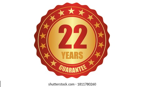 22 años de garantía estampilla icono o etiqueta de garantía, insignia, etiqueta, ilustración del vector de sello de concepto original, logotipo aislado en fondo blanco y texto rojo dorado