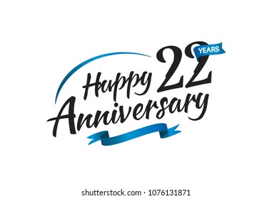 22 years happy anniversary celebration with blue swoosh and blue ribbon isolated on white background 