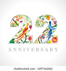 22 years old logotype. 22 nd anniversary numbers. Decorative symbol. Age congrats with peacock birds. Isolated abstract graphic design template. Royal coloured digits. Up to 22% percent off discount.