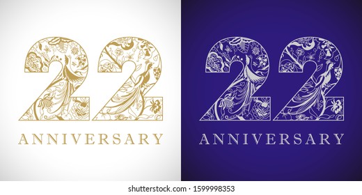 22 years old logotype. 22 nd anniversary numbers. Decorative symbol. Age congrats with peacock birds. Isolated abstract graphic design template. Royal golden digits up to 22% -22% percent off discount