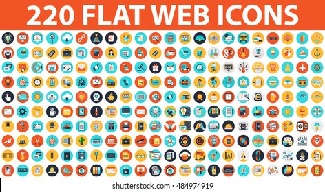 220 Flat Web Icons On Following Themes - SEO And Development, Business And Finance, Data Science, Shopping And Commerce, Office Elements,school And Education,startup And Development, Summer Vacation.