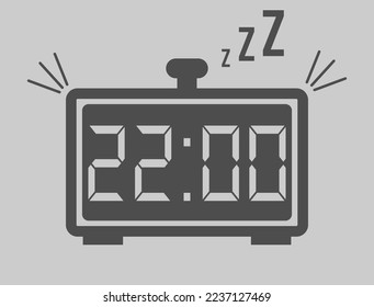 22:00 hours digital alarm clock. Vector with alarm clock marking time. Design for telling time with sleep icon