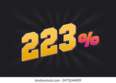 223% discount banner with dark background and yellow text. 223 percent sales promotional design.