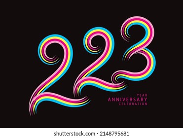 223 number design vector, graphic t shirt, 223 years anniversary celebration logotype colorful line, 223th birthday logo, Banner template, logo number elements for invitation card, poster, t-shirt.