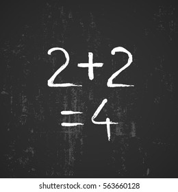 2+2=4 number school hand drawn chalk on black board